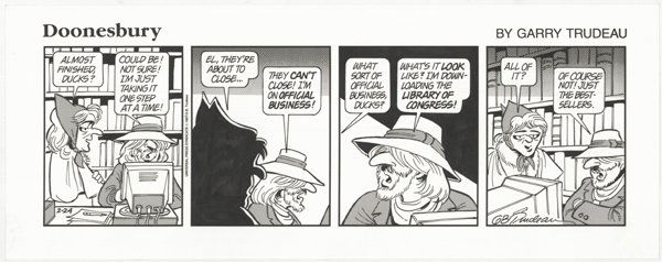 Trudeau Doonesbury daily 2/24/95 originl comic art: Gary Trudeau, Doonesbury daily, 2/24/95, 4 1/2"x14 1/2".