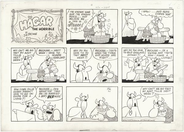 Browne Hagar Sunday 7/1/73 original comic art: Dik Browne, Hagar the Horrible Sunday, 7/1/73, 14"x21".
