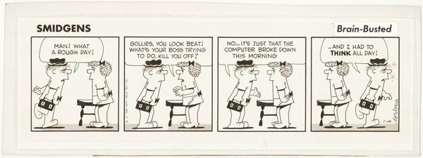 3 Cordray / Turner dailies original comic art: Lot of three miscellaneous dailies featuring a Bob Cordray Smidgens daily, 1/10/68, 5"x19", mounted on board; a The In-Kids daily, 1/27/68, 5 1/2"x18 1/2"; a Morrie Turner Wee Pals daily, 8/8/78, 3 1/