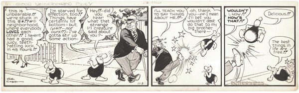 Capp Li'l Abner daily 11/3/49 original comic art: Al Capp, Li'l Abner daily, 11/3/49, 6"x22 1/2", featuring the Kygmy.