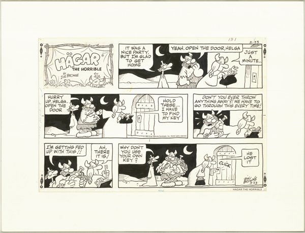 Browne Hagar Sunday 3/23/80 original comic art: Dik Browne, Hagar Sunday, 3/23/80, 10 1/2"x15", matted.