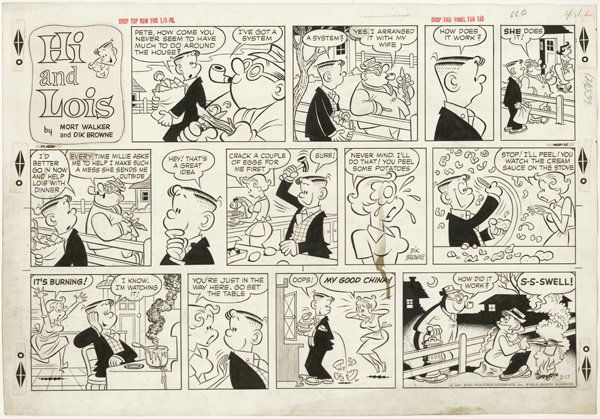 Browne Hi and Lois Sun 2/17/57 original comic art: Dik Browne, Hi and Lois Sunday, 2/17/57, 14"x20 1/2", stain in fourth panel on second tier.