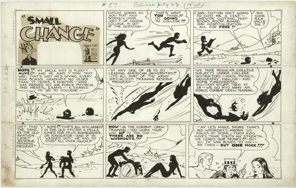 Capp Small Change S #57 7/23/43 original comic art: Al Capp, Small Change Sunday #57, 7/23/43, 14 1/2"x22 1/2", cut between each tier and taped together, includes color guide.