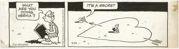 Browne 2 Hagar dailies original comic art: Dik Browne, lot of two Hagar the Horrible dailies, 7/1/76 measures 3 1/2"x11 1/2" and 2/14/83 measures 4"x13", slight staining at bottom left corner of each daily not affecting art.