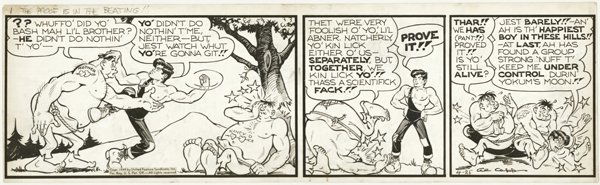 Capp Li'l Abner daily 4/25/49 original comic art: Al Capp, Li'l Abner daily, 4/25/49, 6"x22 1/2", "The Proof is in the Beating!".