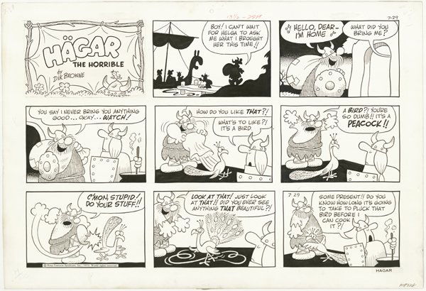 Browne Hagar Sunday 7/29/73 original comic art: Dik Browne, Hagar Sunday, 7/29/73, 14"x21".
