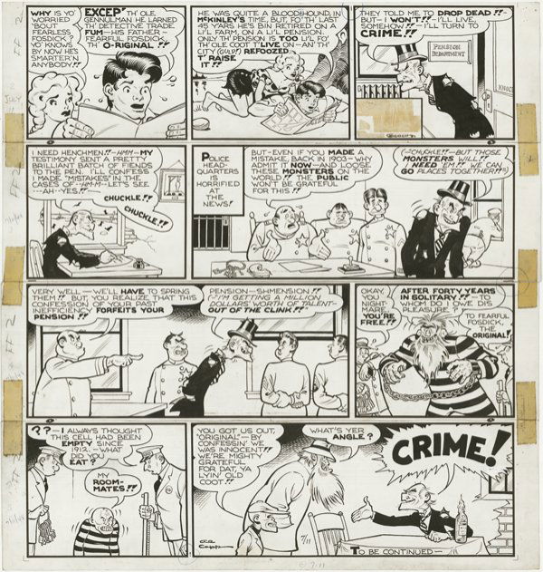 Capp Li'l Abner Sunday 7/11/48 original comic art: Al Capp, Li'l Abner Sunday, 7/11/48, 21 1/2"x19", cut between each tier and taped together, copy missing from bottom of third panel, featuring the origin story of Fearful Fosdick, the father of the gr