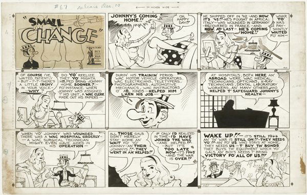 Capp Small Change Sun 12/10/43 original comic art: Al Capp, Small Change Sunday #67, 12/10/43, 14 1/2"x22 1/2", cut between each tier and taped together, logo has yellowed, includes color guide.