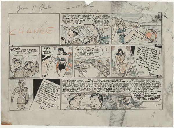 Capp Small Change Sun 6/11/43 original comic art: Al Capp, Small Change Sunday #54, 6/11/43, 14 1/2"x22 1/2", includes color guide, cut between each tier and taped together.