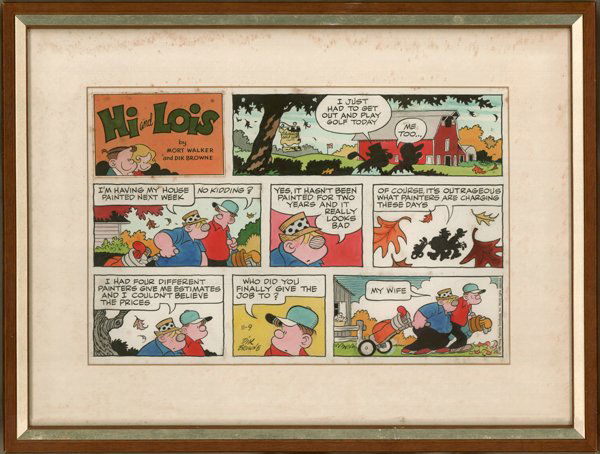 Browne Hi and Lois Sun 11/9/80 original comic art: Dik Browne, hand-colored Hi and Lois Sunday, 11/9/80, 10"x15 1/2", some brown spotting, matted and framed.