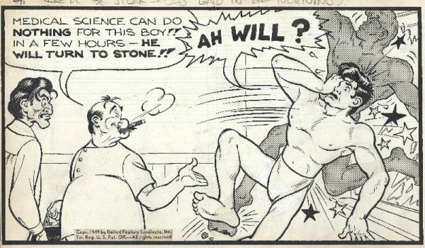 Capp Li'l Abner daily 6/30/49 original comic art: Al Capp, Li'l Abner daily, 6/30/49, 6"x22 1/2", "He'll be stone-cold daid in the morning!".