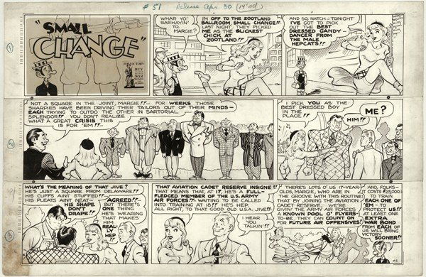 Capp Small Change #51 4/30/43 original comic art: Al Capp, Small Change Sunday #51, 4/30/43, 14 1/2"x22 1/2", cut between each tier and taped together.