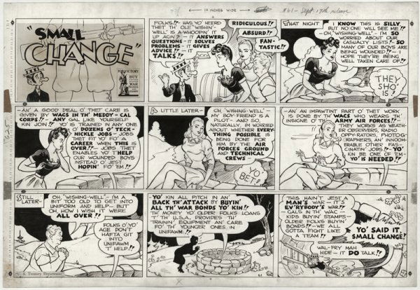 Capp Small Change Sunday 61 1943 original comic art: Al Capp, Small Change Sunday #61, 9/17/43, 14 1/2"x22 1/2", cut between each tier and taped together.