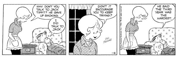 Dik Browne Hi and Lois daily 1/6/66: Hi and Lois daily 1/6/66, 5"x19", inscribed twice "With best wishes to a great non-smoker! Mort" and "To a great non-golfer - with all my best, Dik", folded between first and second panel not affectin