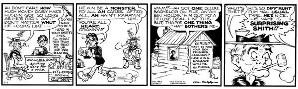 Al Capp Li'l Abner daily 9/1/50: Li'l Abner daily, 9/1/50, 6"x22 1/2". Author John Steinbech called cartoonist Al Capp one of the greatest writers of the 20th Century. Capp's ground-breaking Li'l Abner strip started in 1934 as an adv