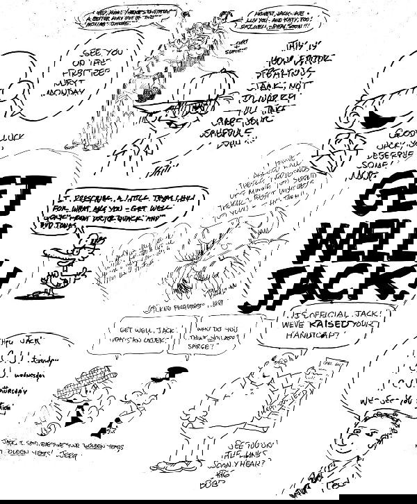 Art montages 2 lots of drawings Walker Browne: Two large art montages "Get Well, Jack" with original drawings by Mort Walker, Dik Browne, Curt Swan, John Cullen Murphy, Stan Drake, Whitney Darrow and many others, 1981, one measures 14"x11" with dr