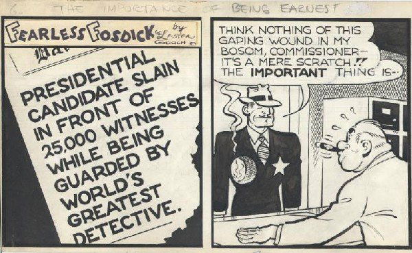 Capp Li'l Abner daily 2/14/48 original comic art: Al Capp, Li'l Abner daily, 2/14/48, 6 1/2"x22 1/2", a "Fearless Fosdick" parody featuring a "gaping wound in my bosom".