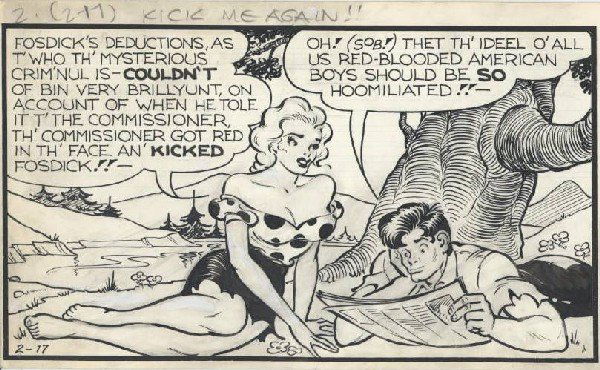 Capp Li'l Abner daily 2/17/48 original comic art: Al Capp, Li'l Abner daily, 2/17/48, 6 1/2"x22 1/2", where Li'l Abner – ignoring Daisy – reads of the "hoomiliation" being heaped upon "Fearless Fosdick".