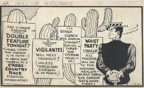 Capp 3 Li'l Abner dailies 1950 original comic art: Al Capp, lot of three Li'l Abner dailies, 4/20/50 through 4/22/50, each measures 6 1/2"x22 1/2", Li'l Abner has landed in Fat Chance, Wyoming, where everyone is afraid of Three-Gun Carson.