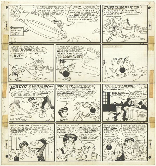 Capp Li'l Abner Sunday 7/30/50 original comic art: Al Capp, Li'l Abner Sunday, 7/30/50, 22"x19", featuring the Money pet, cut between each tier and taped together.
