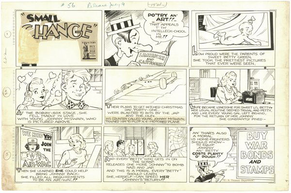 Capp Small Change Sunday 7/9/43 original comic art: Al Capp, Small Change Sunday #56, 7/9/43, 14 1/2"x22 1/2", includes color guide.