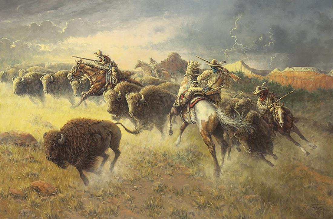 Jack Terry | Hunting on the High Plains: Artist: Jack Terry | b. 1952 | Hunting on the High Plains Title: Hunting on the High Plains Signed: l/r Jack Terry 1985 Â© Medium: Oil on canvas Dimensions: 30 by 45 inches