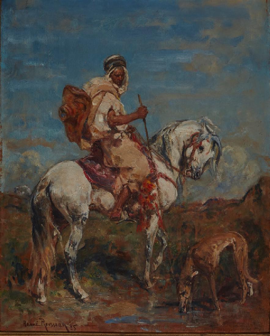 Henri Emilien Rousseau | Arabian Horseman: Artist: Henri Emilien Rousseau | 1875-1933 | Arabian Horseman Title: Arabian Horseman Signed: l/l Henri Rousseau 05 Medium: Oil on panel Dimensions: 16 by 13 inches