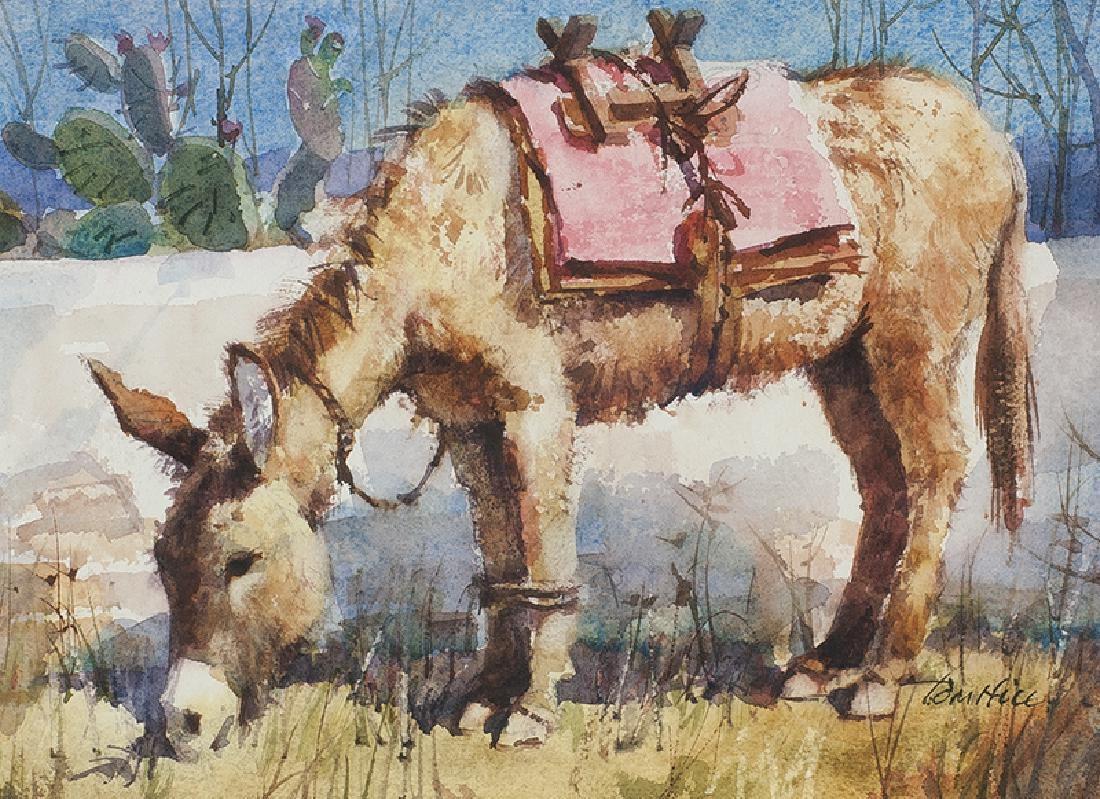 Tom Hill | Hobbled Burro: Artist: Tom Hill | b. 1925 ANA, AWS | Hobbled Burro Title: Hobbled Burro Signed: l/r Tom Hill Medium: Watercolor on paper Dimensions: 8 by 11 inches no reserve