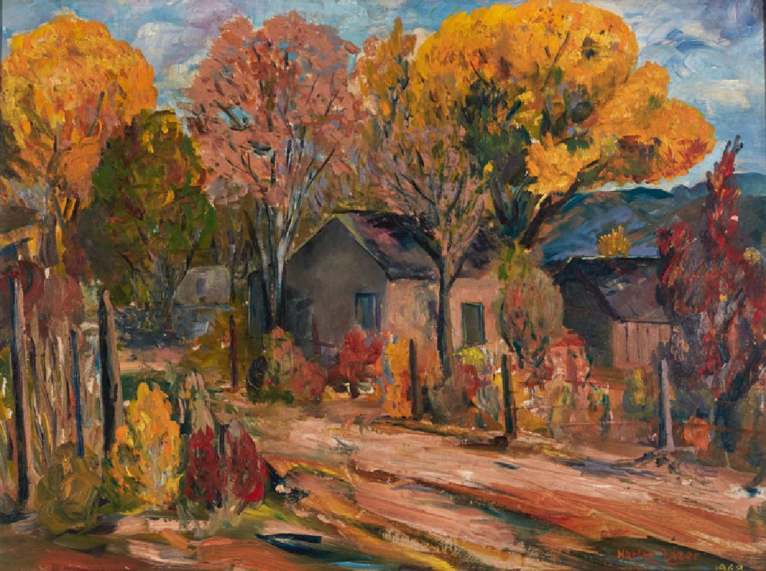 Harlan Lizer | Home in Fall Landscape: Artist: Harlan Lizer | 1911-2003 | Home in Fall Landscape Title: Home in Fall Landscape Signed: l/r Harlan Lizer 1948 Medium: Oil on masonite Dimensions: 12 by 16 inches no reserve