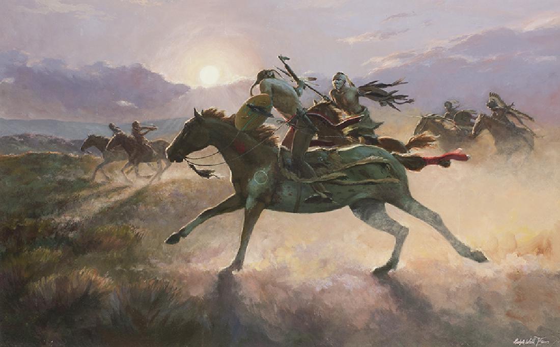 Ralph Wall | Game of War, Kiowa vs. Osage: Artist: Ralph Wall | 1932-2009 | Game of War, Kiowa vs. Osage Title: Game of War, Kiowa vs. Osage Signed: l/r Ralph Wall [artist's cipher] Â© 1979 Medium: Oil on panel Dimensions: 25 1/2 by 40 1/2 i