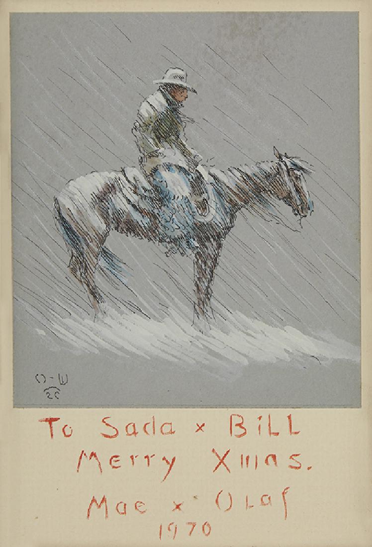 Olaf Wieghorst | In a Snow Storm: Artist: Olaf Wieghorst | 1899-1988 | In a Snow Storm Title: In a Snow Storm Signed: l/r O-W [artist's cipher] Medium: Watercolor Dimensions: 6 1/2 by 4 1/2 inches