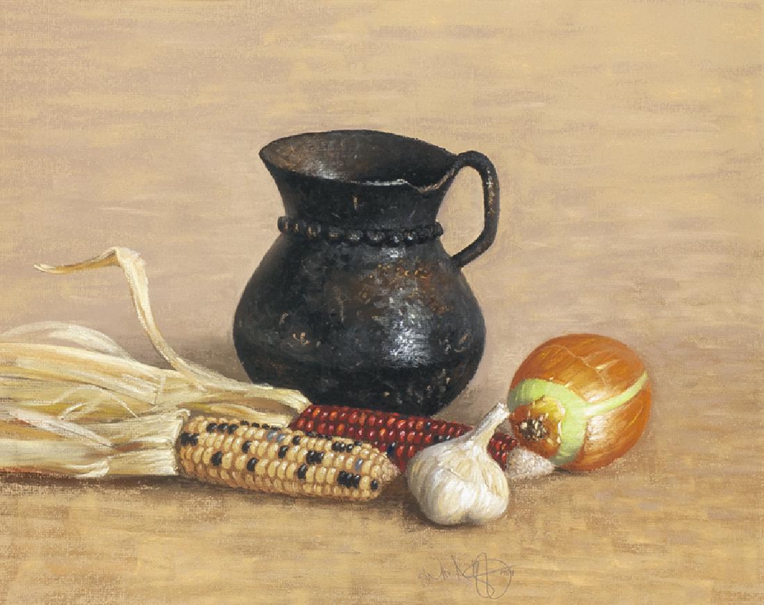 William Acheff | Black Pitcher with Onion and Corn: Artist: William Acheff | b. 1947 AOA, NAWA | Black Pitcher with Onion and Corn Title: Black Pitcher with Onion and Corn Signed: l/c Â© Wm. Acheff 1984 Medium: Pastel on paper Dimensions: 15 by 19 in