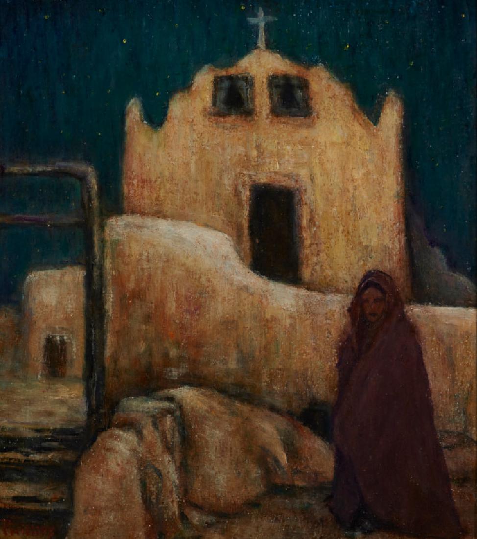 Bert Geer Phillips | Northern New Mexico Evening: Artist: Bert Geer Phillips | 1868-1956 TSA | Northern New Mexico Evening Title: Northern New Mexico Evening Signed: l/l Phillips Medium: Oil on chip board Dimensions: 10 by 9 inches