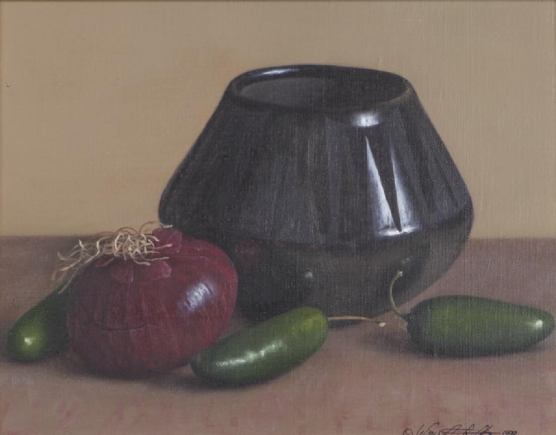 William Acheff | Red Onion and Jalepenos: Artist: William Acheff | b. 1947 AOA, NAWA | Red Onion and Jalepenos Title: Red Onion and Jalepenos Signed: l/r Â© WM Acheff 1999 Medium: Oil on canvas Dimensions: 7 1/4 by 9 inches