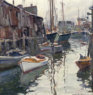 Emile Albert Gruppe | In the Harbor: Artist: Emile Albert Gruppe | 1896-1978 | In the Harbor Title: In the Harbor Signed: l/r Emile A. Gru Medium: Oil on canvas Dimensions: 14 by 14 inches