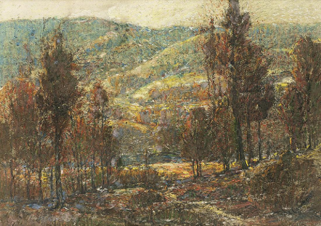 Ernest Lawson | Autumn Landscape: Artist: Ernest Lawson | 1873-1939 | Autumn Landscape Title: Autumn Landscape Signed: l/r E Lawson Medium: Pastel and watercolor on board Dimensions: 15 by 20 1/2 inches