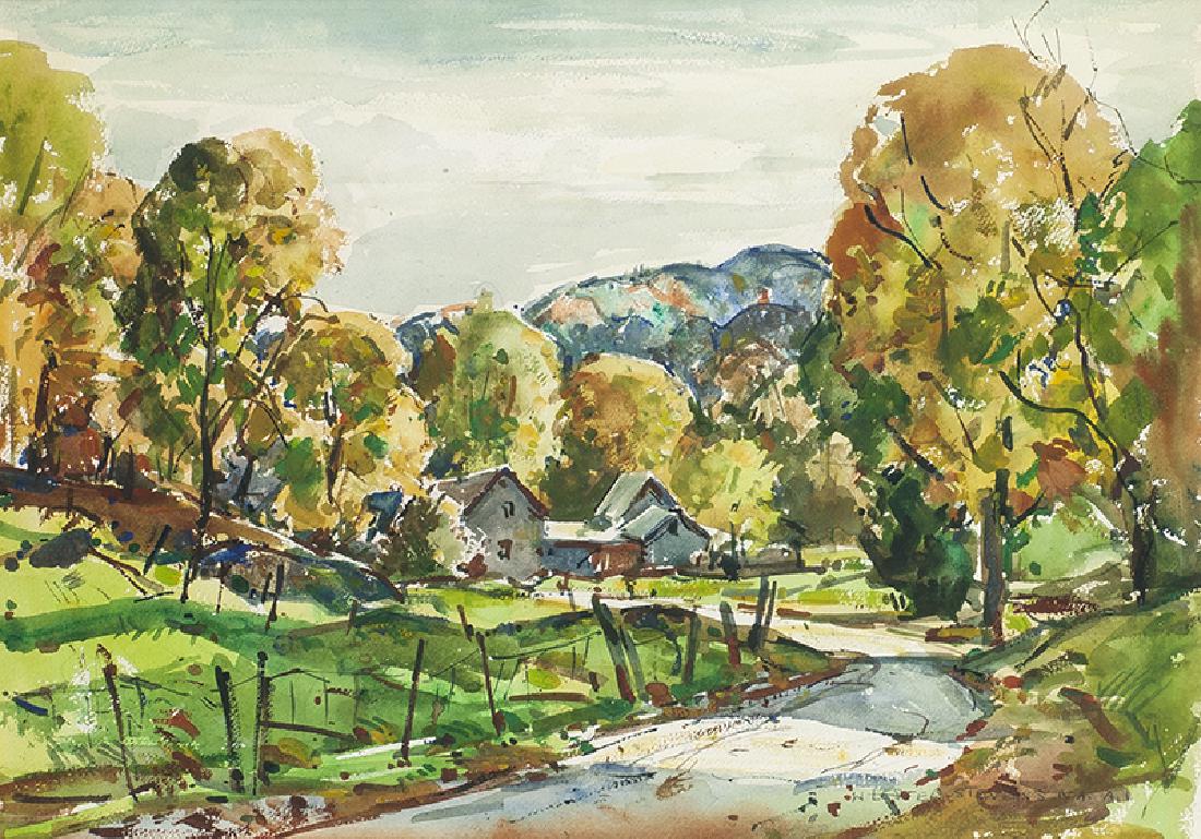 William Lester Stevens | Homestead in Autumn: Artist: William Lester Stevens | 1888-1969 | Homestead in Autumn Title: Homestead in Autumn Signed: l/r W Lester Stevens N A. A. I. Medium: Watercolor on paper Dimensions: 14 by 20 inches