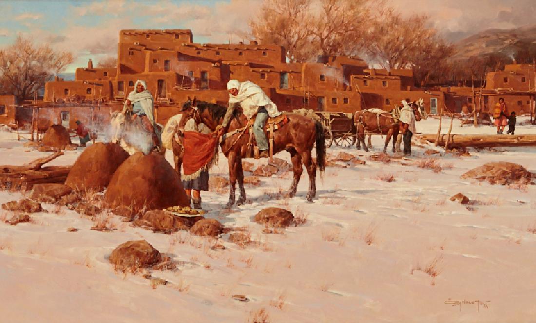 Gary Niblett | Winter Scene Taos Pueblo: Artist: Gary Niblett | b. 1943 CAA Title: Winter Scene Taos Pueblo Signed l/r: © Gary Niblett '81 CA Medium: Oil on canvas Dimensions: 36 by 60 inches