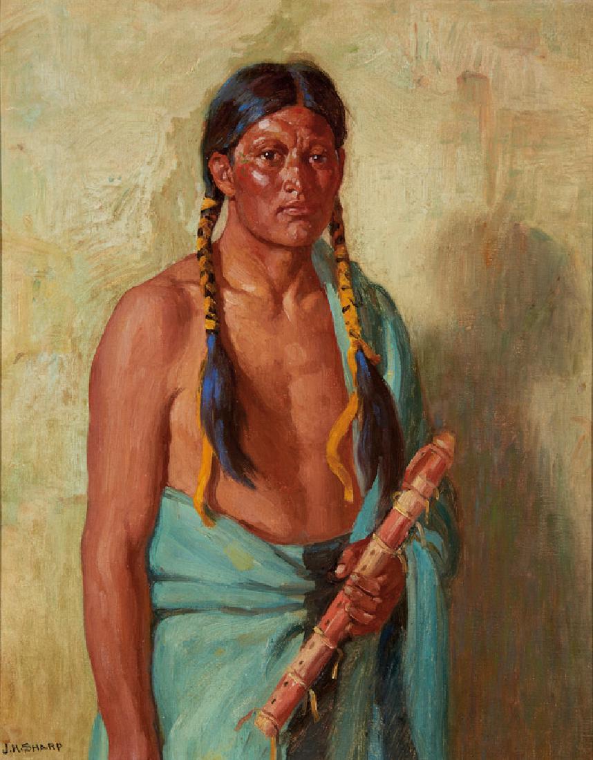 Joseph Henry Sharp | Jerry Taos with Lover's Flute: Artist: Joseph Henry Sharp | 1859-1953 TSA Title: Jerry Taos with Lover's Flute Signed l/l: J H Sharp Medium: Oil on canvas Dimensions: 20 by 16 inches