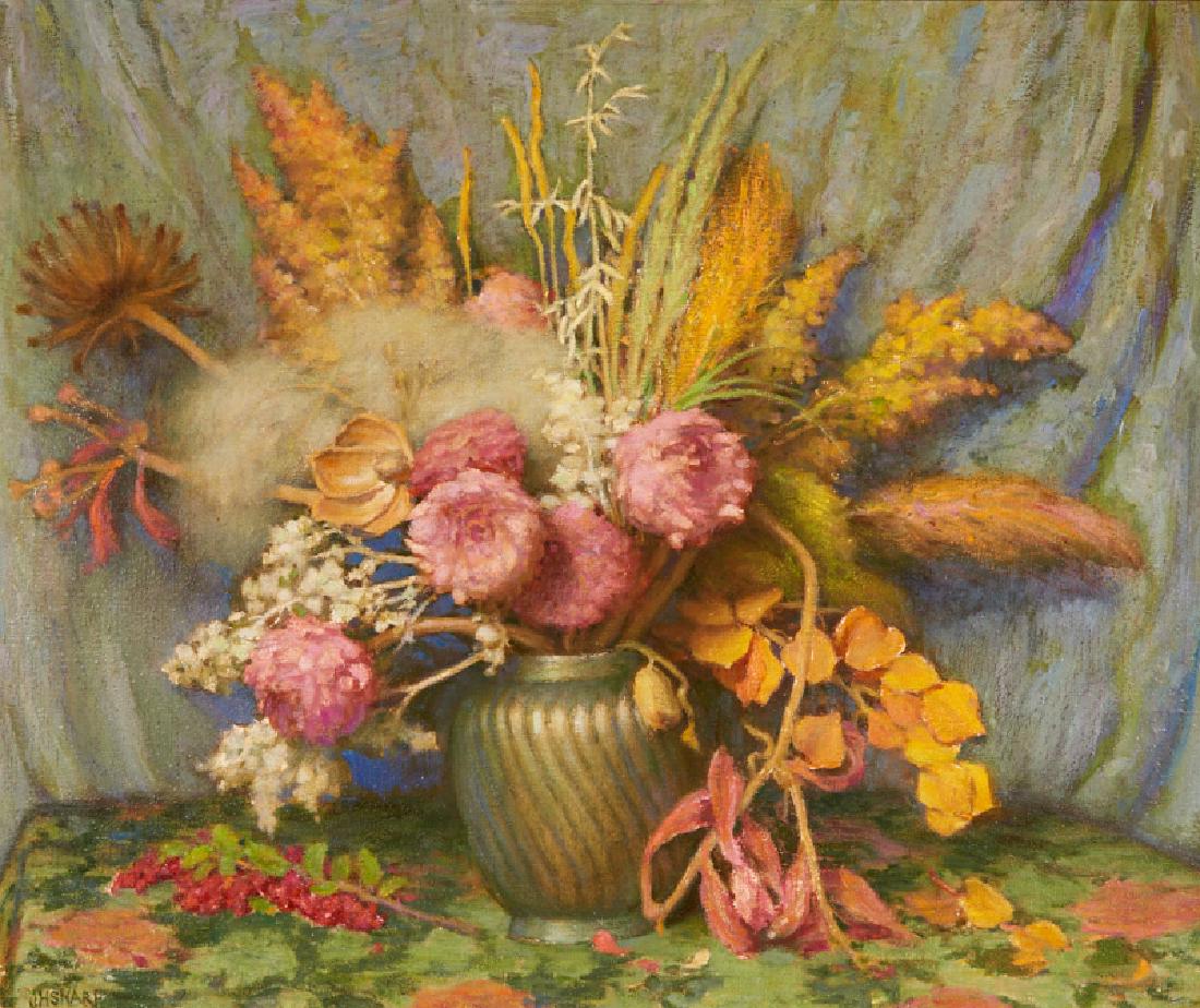 Joseph Henry Sharp | Autumn Flowers, Weeds, Grasses and: Artist: Joseph Henry Sharp | 1859-1953 TSA Title: Autumn Flowers, Weeds, Grasses and Seed Pods Signed l/l: JH Sharp Medium: Oil on canvas Dimensions: 25 by 30 inches