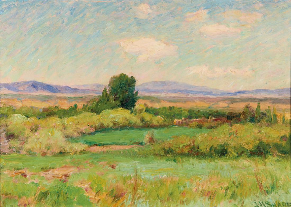 Joseph Henry Sharp | Landscape with Adobes from Sharp's: Artist: Joseph Henry Sharp | 1859-1953 TSA Title: Landscape with Adobes from Sharp's Studio Window Signed l/r: J.H. Sharp Medium: Oil on canvas board Dimensions: 9 3/4 by 13 1/2 inches