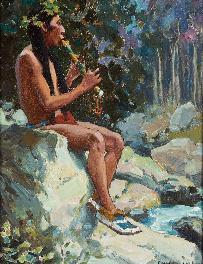 Eanger Irving Couse | Pipes of Pan: Artist: Eanger Irving Couse | 1866 - 1936 NA, TSA Title: Pipes of Pan Signed l/r: E.I. Couse. Inscribed "A56 An Ideal," on reverse. Medium: Oil on canvas board Dimensions: 10 by 8 inches