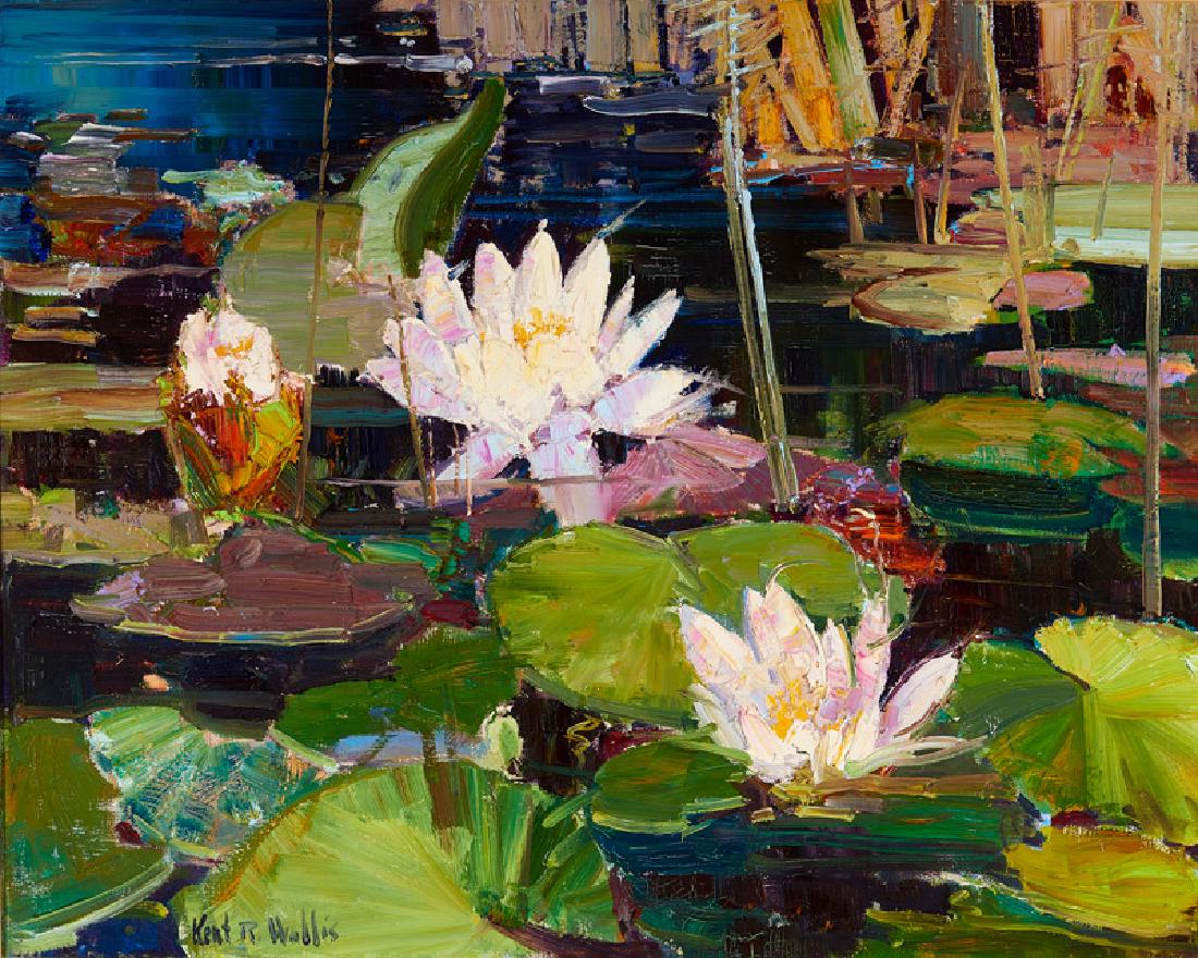 Kent Wallis | Lilies in the Water: Artist: Kent Wallis | b. 1945 Title: Lilies in the Water Signed l/l: Kent R. Wallis Medium: Oil on linen Dimensions: 24 by 30 inches