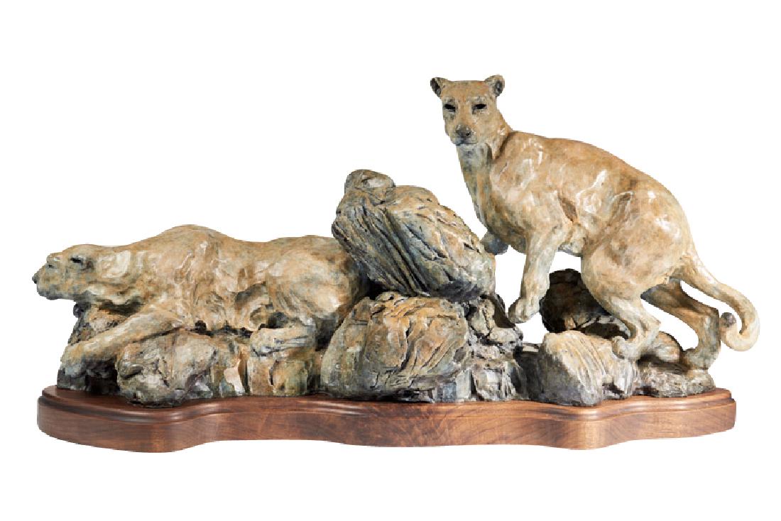 Sherry Salari Sander | Approaching Cat: Artist: Sherry Salari Sander | b. 1941 AAA, AOA, NAWA, NSS, NWR, SAA Title: Approaching Cat Inscribed on base: S. Sander © 08 5/35 Medium: Bronze Dimensions: 16 by 33 by 11 inches