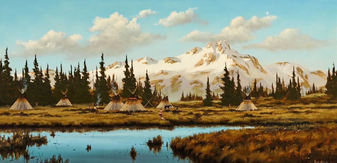 Heinie Hartwig | Flathead Camp Below Glacier Peak: Artist: Heinie Hartwig | b. 1937 Title: Flathead Camp Below Glacier Peak Signed l/r: Heinie Hartwig © Medium: Oil on panel Dimensions: 24 by 48 inches