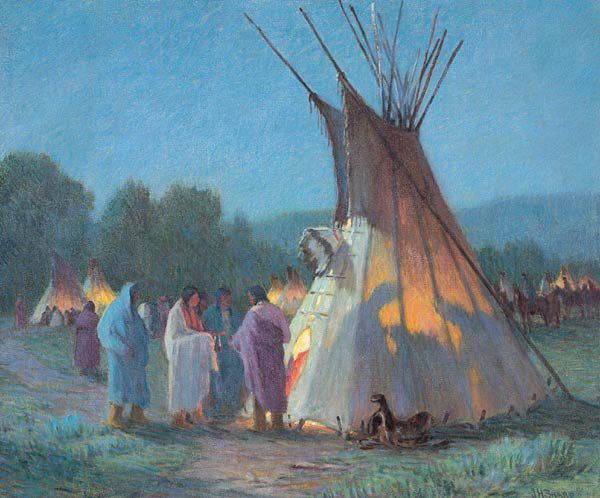 Joseph Henry Sharp "An Evening Pipe": Joseph Henry Sharp1859 - 1953 TSAAn Evening Pipe Signed 'J H Sharp' lrOil on canvas 20 1/8 x 24 1/8 i