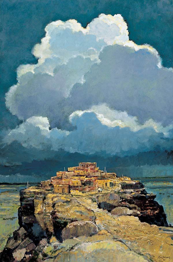 Eric Sloane "Storm Over Walpi": Eric Sloane1905 - 1985 NAStorm Over Walpi Signed 'Eric Sloane NA ESM' lrOil on masonite 36 x 24 inche