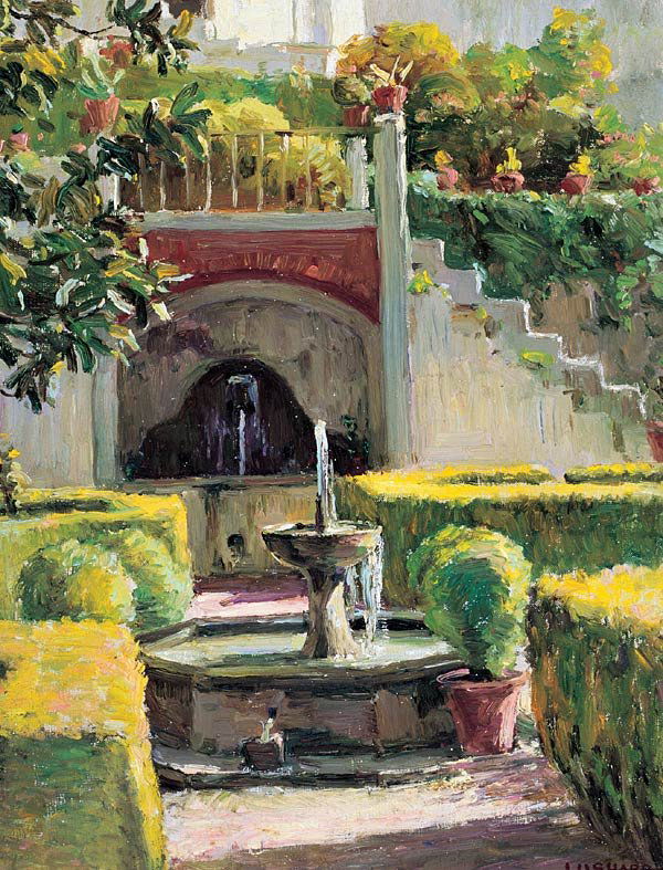 Joseph Henry Sharp "Garden Scene": Joseph Henry Sharp1859 - 1953 TSAGarden Scene Signed 'J. H. Sharp' lrOil on canvas on board 13 3/4 x