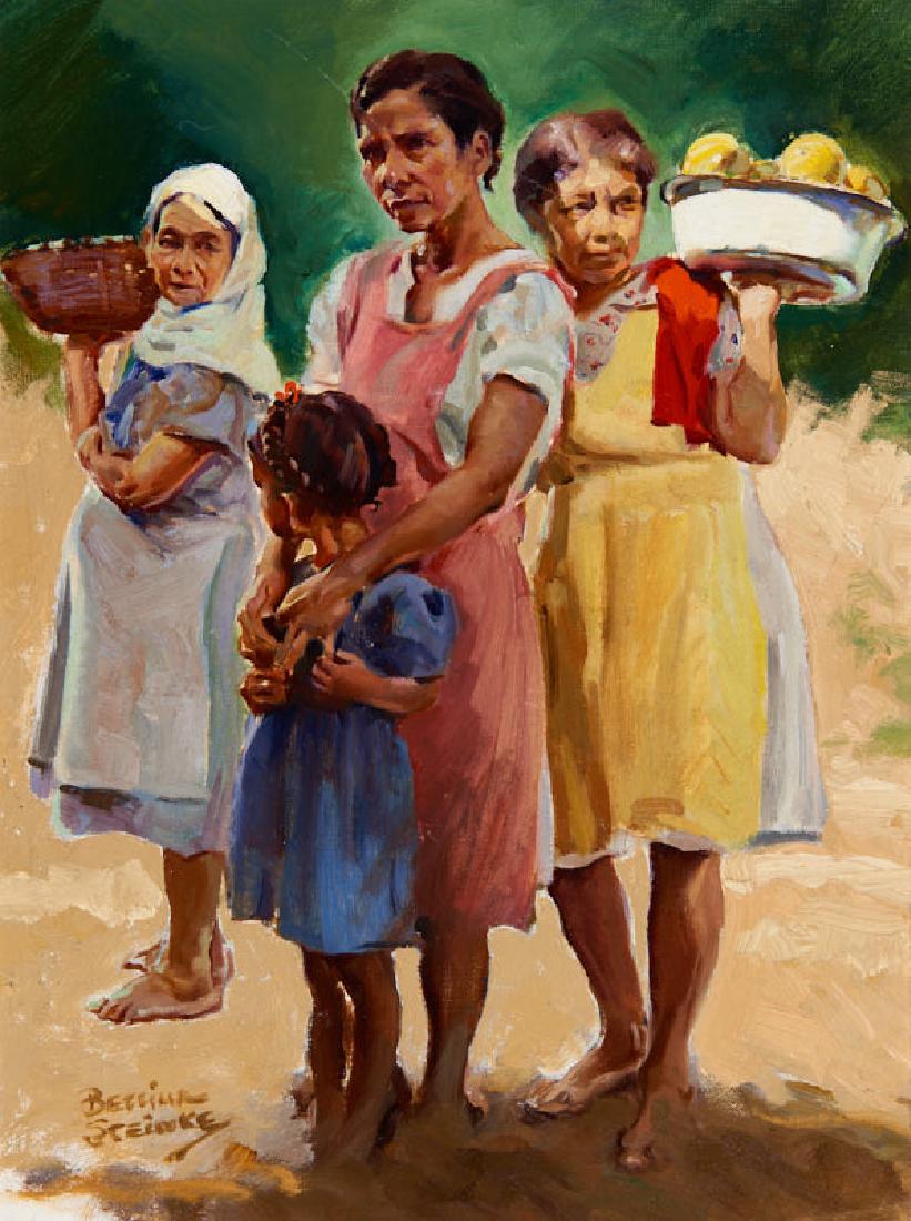 Bettina Steinke | Fruit Peddlers: Artist: Bettina Steinke |1913-1999 AOA, NAWA, SI Title: Fruit Peddlers Signed l/r: Bettina Steinke Medium: Oil on panel Dimensions: 16 by 12 inches