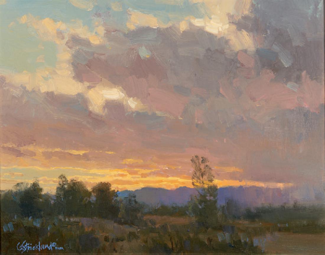 George Strickland | Rainy Sunset: Artist: George Strickland |b. 1943 Title: Rainy Sunset Signed l/l: G. Strickland © PAPA Medium: Oil on panel Dimensions: 11 by 14 inches